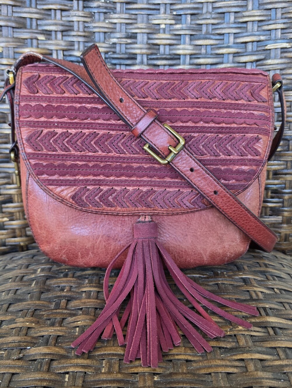 Fossil Wine Leather Tassel Saddle Crossbody Bag